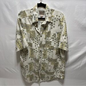 Vintage Woolrich Fishing Print Camp Shirt Mens L Tall Cream Green Button Front